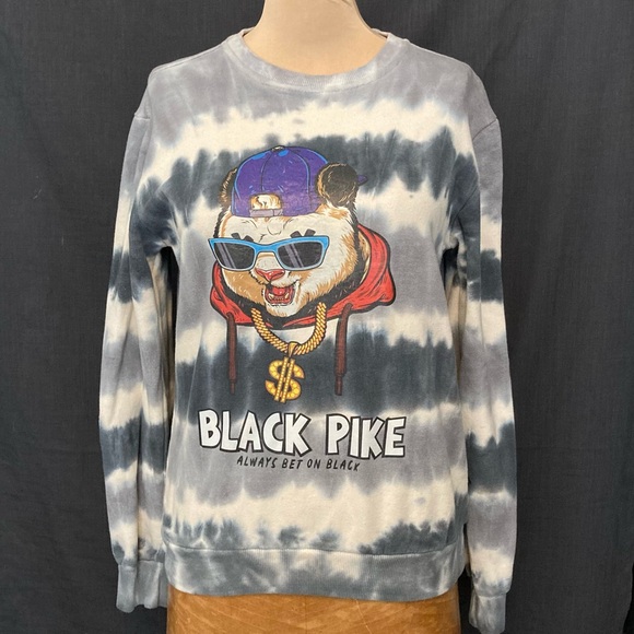 Black Pike Other - Black Pike Grey Tie-Dye Long Sleeve Sweatshirt with Bear Graphic